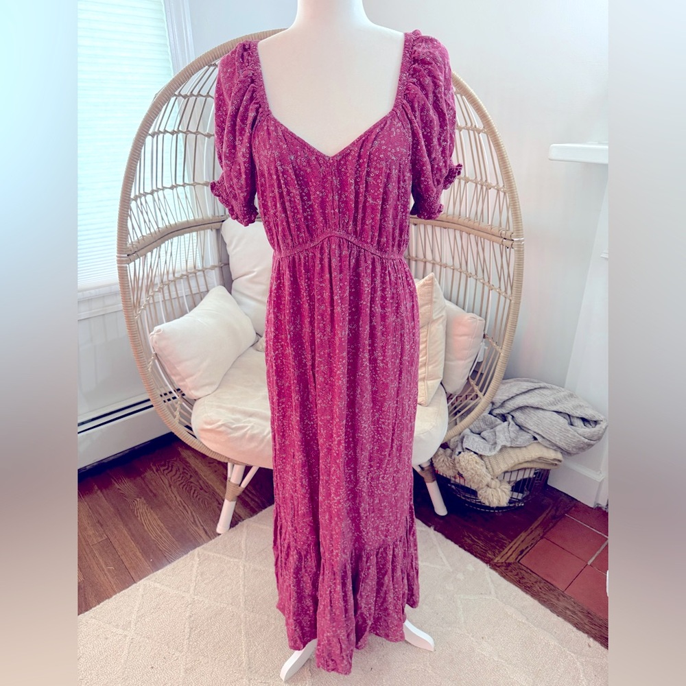 Sonoma Maternity Maroon Red Floral Puff Sleeve Maxi Dress Women’s Small